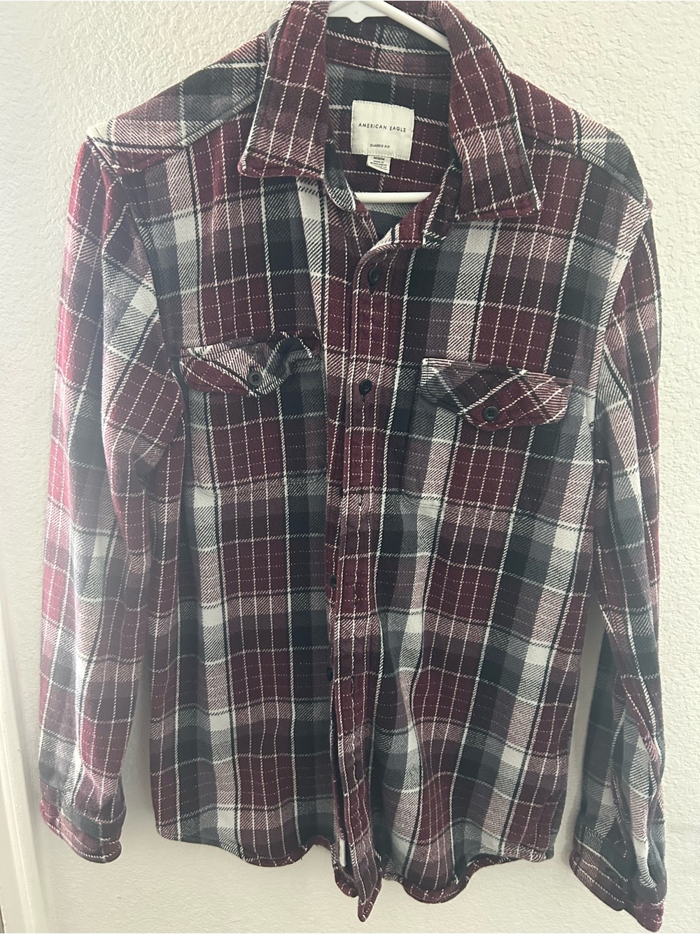 American Eagle Outfitters Men’s Burgundy, Black & White Plaid Button-Down Shirt